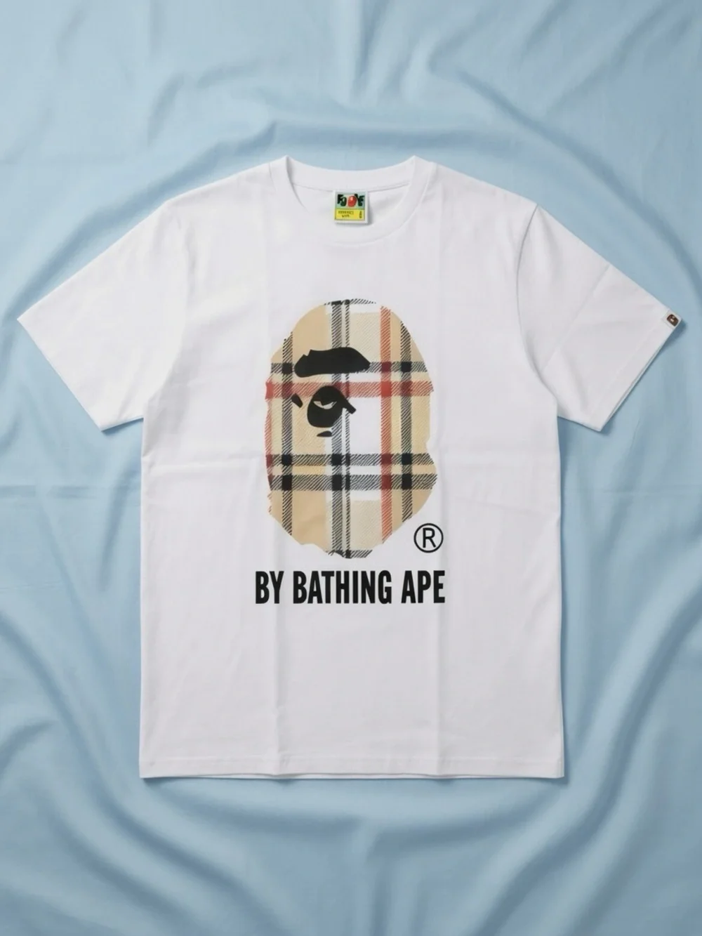 Bape White Tee with Beige Plaid Ape Head